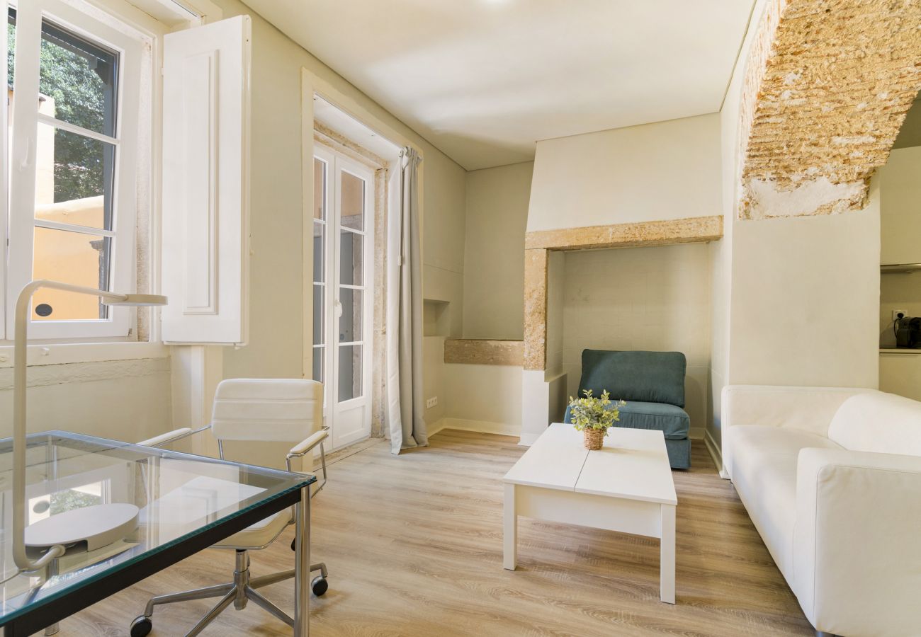 Living room, executive one bedroom apartment, accommodation Janelas Verdes, Lisbon